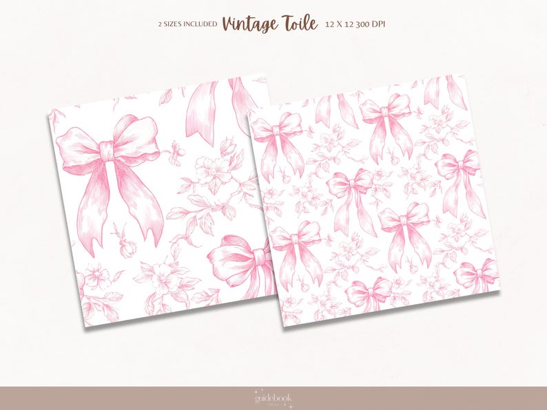 May include: A seamless pattern featuring pink bows on a white background. The bows are drawn in a vintage style with delicate details. The pattern is perfect for crafting projects, scrapbooking, and digital design.