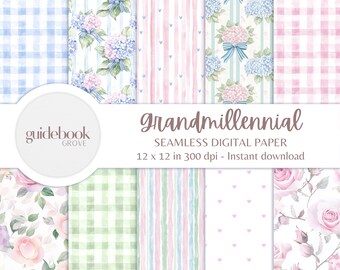 Grandmillennial Digital Watercolor Paper Pack, Pastel Floral, Stripes, Plaid, Digital Repeating pattern, Scrapbook Paper, Seamless Patterns