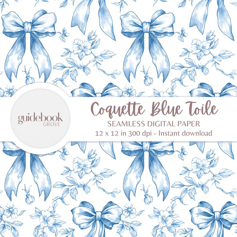 Puede incluir: Un patr&oacute;n de papel digital sin costuras con lazos azules y ramitas florales sobre un fondo blanco. El texto "Coquette Blue Toile" y "12 x 12 in 300 dpi - Descarga instant&aacute;nea" est&aacute; incluido en el dise&ntilde;o.
