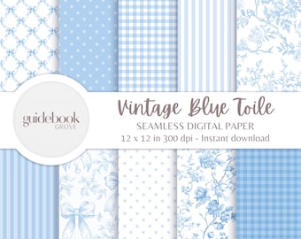 Blue Vintage Toile Digital Paper Pack, Coquette Bow Patterns, Preppy Backgrounds, Seamless Designs, Scrapbooking, Baby Shower Printable