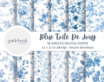 Blue Toile De Jouy Digital Paper, Vintage Floral Patterns, Blue And White Chinoiserie Backgrounds, Digital Scrapbook Paper, French Toile