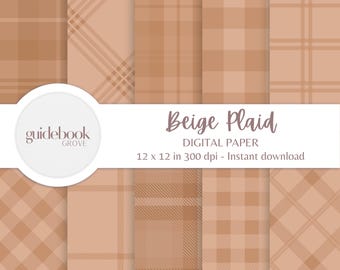 Brown Plaid Digital Paper, Light Brown Backgrounds, Gingham Patterns, Scrapbook Paper For Baby Showers, Crafts, Party Invites, Beige & White