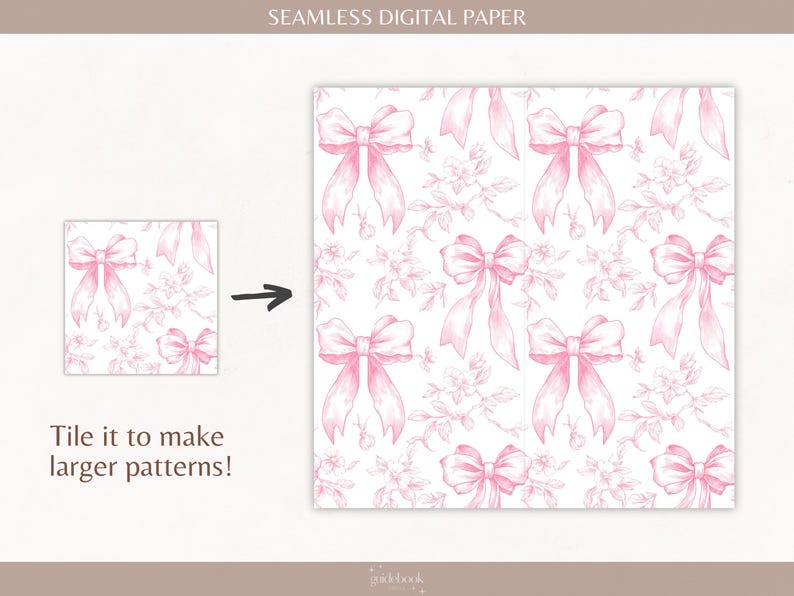 May include: A seamless digital paper pattern featuring pink bows and floral sprigs on a white background. The text "Tile it to make larger patterns!" is below the pattern.