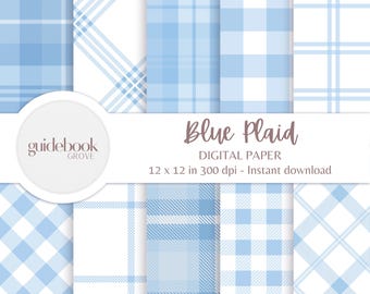 Blue Plaid Digital Paper, Light Blue Backgrounds, Gingham Patterns, Scrapbook Paper For Baby Showers, Crafts, Party Invites, Blue & White
