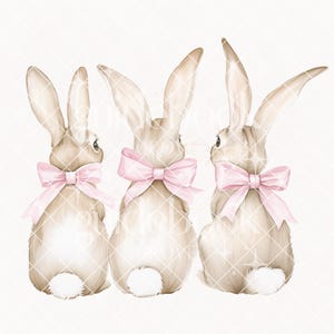 Bunny Trio PNG, Watercolor Easter Bunny, Bunny Clipart, Easter Sublimation, Coquette Easter, Happy Easter PNG, Pink Bow Aesthetic, Preppy