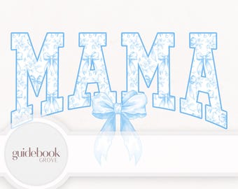 Blue Toile Mama Coquette Pattern PNG – Blue Chinoiserie Bow Digital Paper INSTANT DOWNLOAD