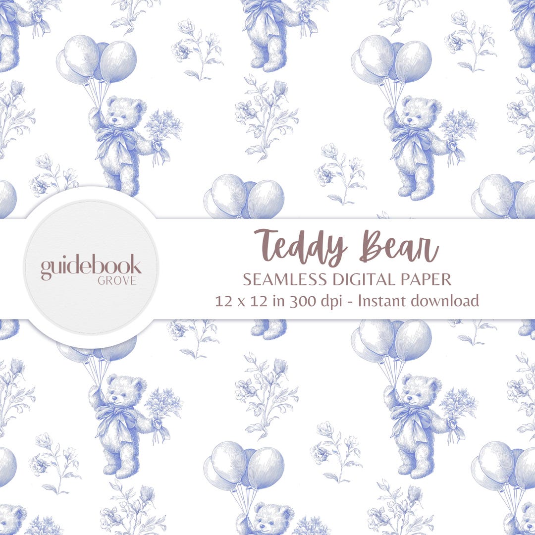 Blue Teddy Bear Digital Paper, Chinoiserie Toile De Jouy, Seamless ...