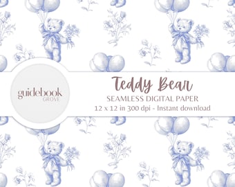 Blue Teddy Bear Digital Paper, Chinoiserie Toile de Jouy, Seamless Nursery Background, Baby Shower Print, Fabric Pattern, PNG Download