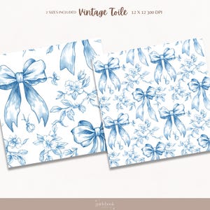 Puede incluir: Un patr&oacute;n sin costuras con lazos azules y ramitas florales sobre un fondo blanco. El patr&oacute;n est&aacute; disponible en dos tama&ntilde;os, 30,5 cm por 30,5 cm a 300 DPI. El texto "Vintage Toile" est&aacute; incluido en la imagen.