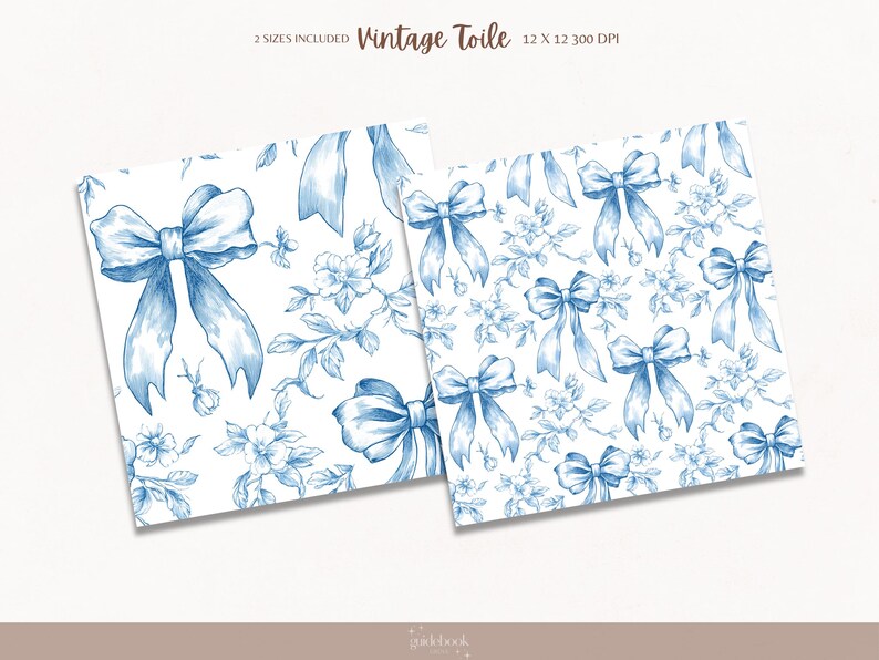 Puede incluir: Un patr&oacute;n sin costuras con lazos azules y ramitas florales sobre un fondo blanco. El patr&oacute;n est&aacute; disponible en dos tama&ntilde;os, 30,5 cm por 30,5 cm a 300 DPI. El texto "Vintage Toile" est&aacute; incluido en la imagen.