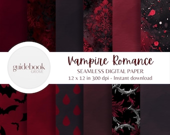 Vampire Romance Digital Paper, Halloween Digital Paper, seamless Halloween Backgrounds Black and Red Damask Rose gothic scrapbook paper