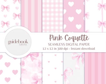 Pink Bow Digital Paper Pack, Coquette Aesthetic, Ribbon Pattern, Wedding & Nursery Background, Baby Shower Print, Cute Bow Seamless Design