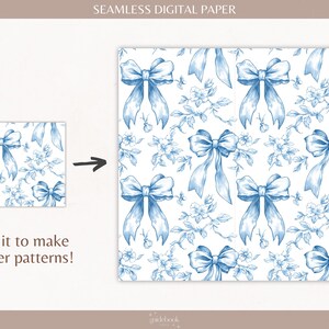 Puede incluir: Un patr&oacute;n de papel digital sin costuras con lazos azules y ramitas florales sobre un fondo blanco. El texto "Tile it to make larger patterns!" est&aacute; debajo del patr&oacute;n.
