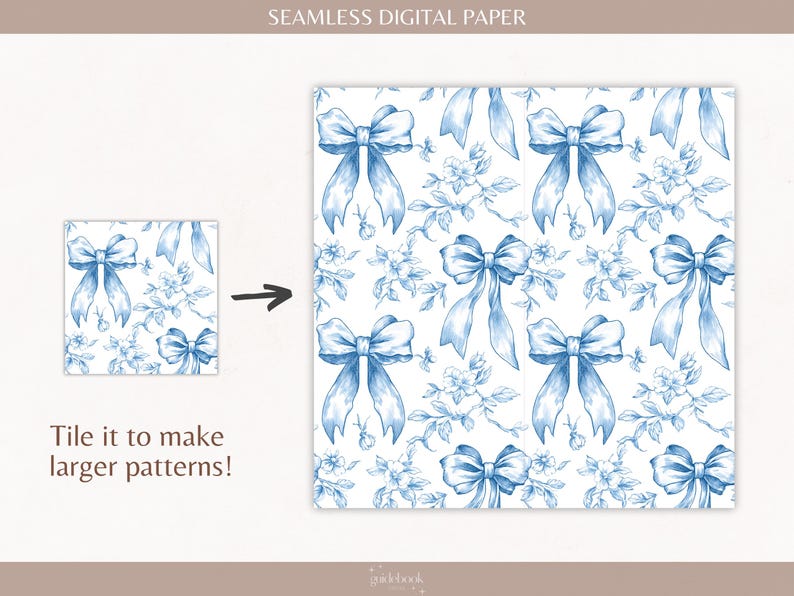 Puede incluir: Un patr&oacute;n de papel digital sin costuras con lazos azules y ramitas florales sobre un fondo blanco. El texto "Tile it to make larger patterns!" est&aacute; debajo del patr&oacute;n.