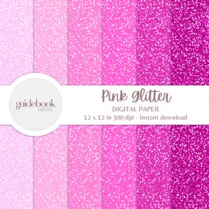 May include: Set of six digital papers featuring pink glitter textures in various shades. The papers are 12 inches by 12 inches and 300 dpi.  "Pink glitter" and "DIGITAL PAPER" are written in the image.