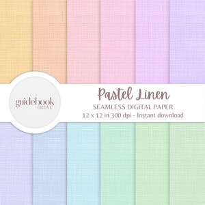 May include: A digital paper design featuring a variety of pastel colors, including yellow, peach, pink, purple, blue, and green. The design has a linen texture and is labeled "Pastel Linen" with dimensions of 12 x 12 inches.