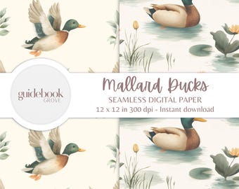 Mallard Duck Digital Paper, Chinoiserie, Duck Pattern, Fabric, Baby Shower Print, Cute Seamless Design, Nursery