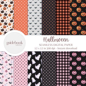 Könnte beinhalten: Zwölf digitale Papierdesigns mit Halloween-Motiven. Die Designs beinhalten schwarze Katzen, Fledermäuse, Geister, Kürbisse, Punkte und Karomuster. Die Papiere sind 30,48 cm x 30,48 cm groß und haben eine Auflösung von 300 dpi.