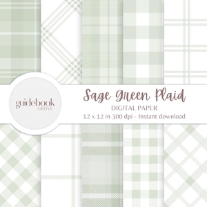 Papier numérique écossais vert sauge, arrière-plans sauge, motifs Vichy, papier de scrapbooking pour baby shower, loisirs créatifs, faire-part à une fête, vert et blanc
