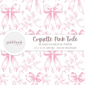 Vintage Pink Toile Coquette Pattern PNG - Rosa Chinoiserie Bow Digitales Papier, Nahtlos Scrapbook Design, Retro Shabby Chic Ästhetik