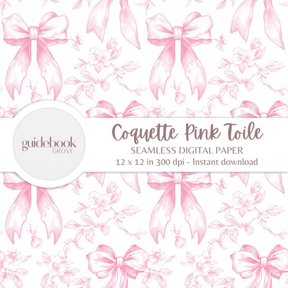 Vintage Pink Toile Coquette Pattern PNG – Pink Chinoiserie Bow Digital Paper, Seamless Scrapbook Design, Retro Shabby Chic Aesthetic