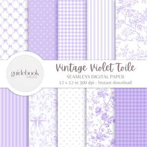 May include: A set of 12 digital papers featuring a variety of patterns in shades of purple and white. The patterns include polka dots, gingham, stripes, and a floral toile design. The papers are 12 inches by 12 inches and 300 dpi.