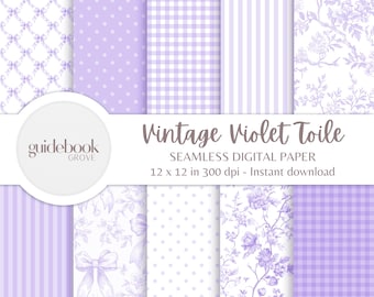 Paquete de papel digital Toile vintage violeta, patrones de lazos coquetos, fondos elegantes, diseños sin costuras, scrapbooking, imprimible para baby shower.