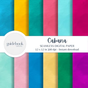 May include: A digital paper pack with a variety of vibrant colors, including blue, yellow, teal, pink, and purple. The design is labeled "Cabana" and is described as seamless digital paper, 12 x 12 inches at 300 dpi, available for instant download.