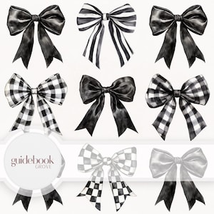 May include: Nine black and white bow illustrations. The bows are in various patterns, including stripes, gingham, and checkered. The bows are drawn in a watercolor style.