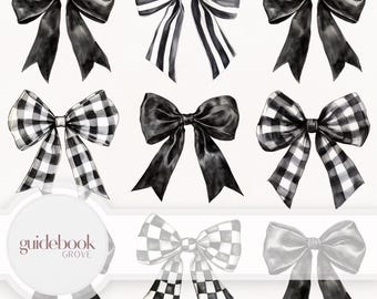 Watercolor Black & White Coquette Bows Clipart, Minimal Girly Preppy Soft Girl, Ribbon, Checkered Striped Plaid Gingham, Cute Bow PNG
