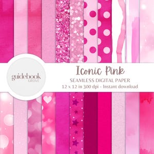 Könnte beinhalten: Ein Set mit 12 digitalen Papieren in Rosa und Weiß mit verschiedenen Mustern, darunter Punkte, Glitzer, Herzen, Sterne und Aquarell-Waschungen. Die Papiere sind 30,5 cm x 30,5 cm groß und haben eine Auflösung von 300 dpi. Der Text "Iconic Pink" und "SEAMLESS DIGITAL PAPER" ist auf dem Bild zu sehen.