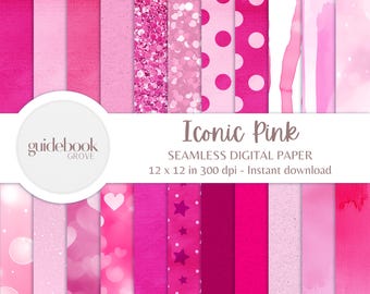 Iconic Dreamy Pinks Digital Paper Pack, Mixed Media Textures, Abstract Art Backgrounds, Seamless Patterns, Design Asset, Hot Pink, Glitter