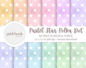 Pastel Star Polka Dot Watercolor Digital Paper Pack Pastel Rainbow Hues Seamless Pattern Scrapbook Paper background Soft tones texture