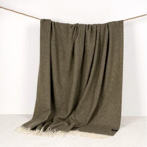Olive Green wool blanket is hanging over the metal bar
