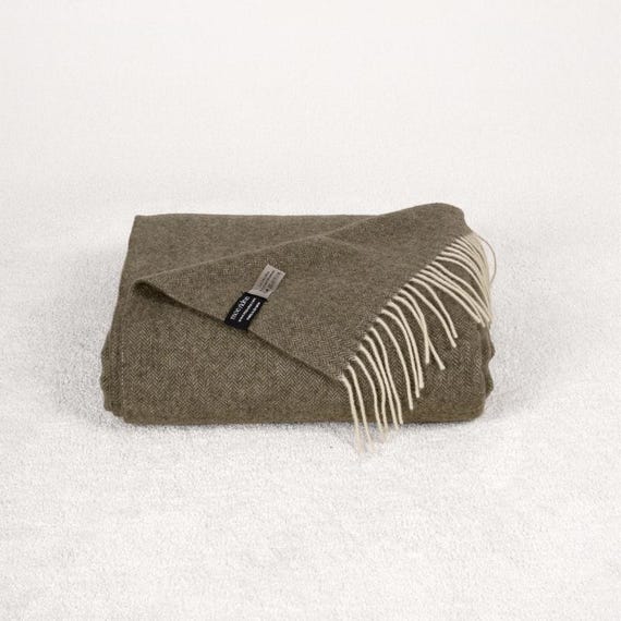 Cashmere and Merino Wool Olive Green Large Pure Wool Throw Blanket