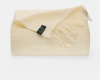 Pure New Wool Textured Blanket Ivory, Lightweight Wool Throw in Cream White