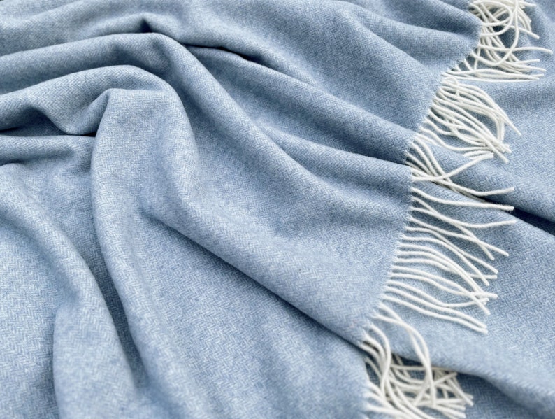 Light Blue Blanket Sofa Throw Wool 100%