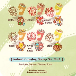 Könnte beinhalten: Ein Set mit 10 vorgetränkten Animal Crossing Charakter-Stempeln. Die Stempel haben einen Durchmesser von 2,2 cm und zeigen Charaktere wie Blathers, Celeste, Zipper T. Bunny, Redd, Cyrus und Reese, Lloid und mehr. Die Stempel sind in einer durchsichtigen Plastiktüte mit einer Kopfkarte verpackt, auf der "Animal Crossing Stamp Set No.3" und "Pre-inked Stamps / Diameter 2.2cm" steht.