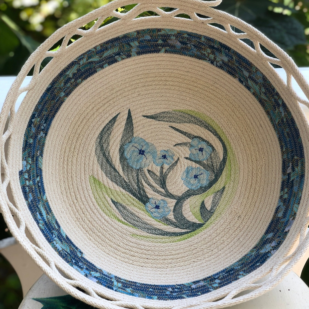 Rope Bowl, Embroidered Cotton Rope Bowl, Decorative Bowl, Floral Design