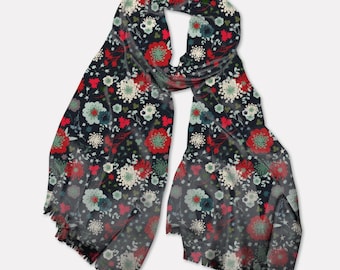 Pashmina Scarf-Grandma's Press-Winter Garden, Colorful Scarf, Women's Floral Scarf Wardrobe Accessory, Floral Shawl, Original Floral Design