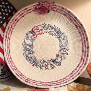 Rope Bowl, Embroidered Cotton Rope Bowl, Handcrafted Decorative Bowl, Patriotic Design, Patriotic Decor, Farmhouse Decor, Boho Decor