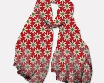Pashmina Scarf - Magnificent Meg -Crimson Bloom, Women's Floral Scarf Accessory, Christmas Colors, Floral Shawl Wrap, Original Floral Design