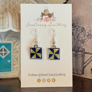 Quilt Block Earrings With Silver-plated Wires | Miniature Quilt Jewelry | Handmade Quilter Gift Under 20 | Mother's Day Gift