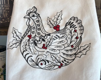 Tea Towel Handcrafted Embroidered Kitchen Towel Christmas Chicken Kitchen Towel With Chicken Theme Decor for Farmhouse Holiday Kitchen Gift