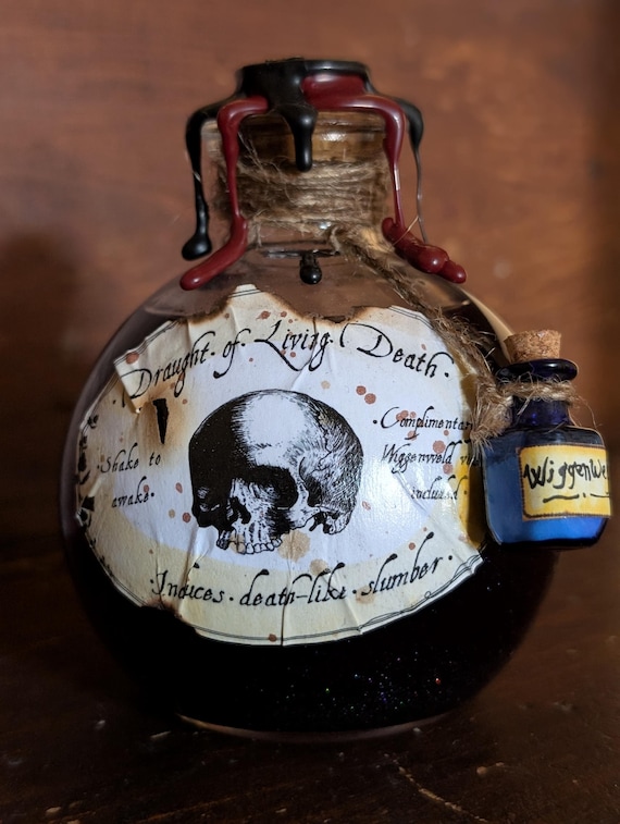A hyper-realistic hand-crafted 'Draught of Living Death' potion bottle that looks like it was pulled straight from a dark wizard's shelf.