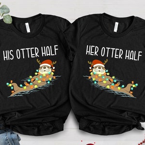 Camisetas navideñas para él y para ella, camisetas navideñas para parejas, pijamas navideños divertidos para parejas, camisetas navideñas para el Sr. y la Sra., linda pareja de nutrias