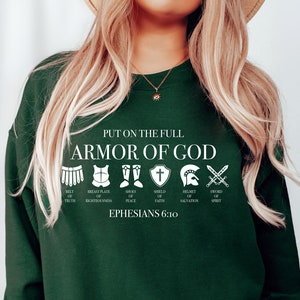 Trek de volledige wapenrusting van God aan, christelijke geschenken, katholieke hoodie, christelijke ronde hals, religieuze cadeaus voor vrouwen, bijbelvers shirts