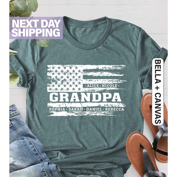 Personalized Grandpa T-Shirt, Flag with Grandkids Names, Shirt for Grandpa, Grandpa's Birthday, Father's Day Gift for Grandpa from Grandkids