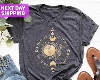 Mystic Moon And Sun Shirt, Celestial Moon Shirt, Boho Moon Shirt, Moon Phase T-Shirt, Boho Vintage Moon Shirt, Mystical Moon Phase Shirt