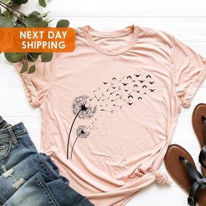 Dandelion Birds Shirt, Birds T-shirt, Birds Graphic Women&#39;s Shirt, Graphic Birds, Nature tee, Wild Flower Shirt,Bird Watching, Dandelion Tee
